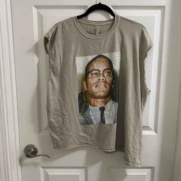 💥Malcolm X Graphic Tee Cut off sleeves Unisex size 2X Tan color freedom - Picture 1 of 10